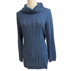 Blue Willi’s Cotton Cable Knit Cowl Neck Tunic Sweater Indigo Blue Large